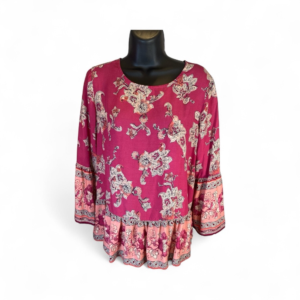Beachlunchlounge Boho Floral Peasant Tunic Blouse Pink Multicolor Women’s M - Picture 7 of 7